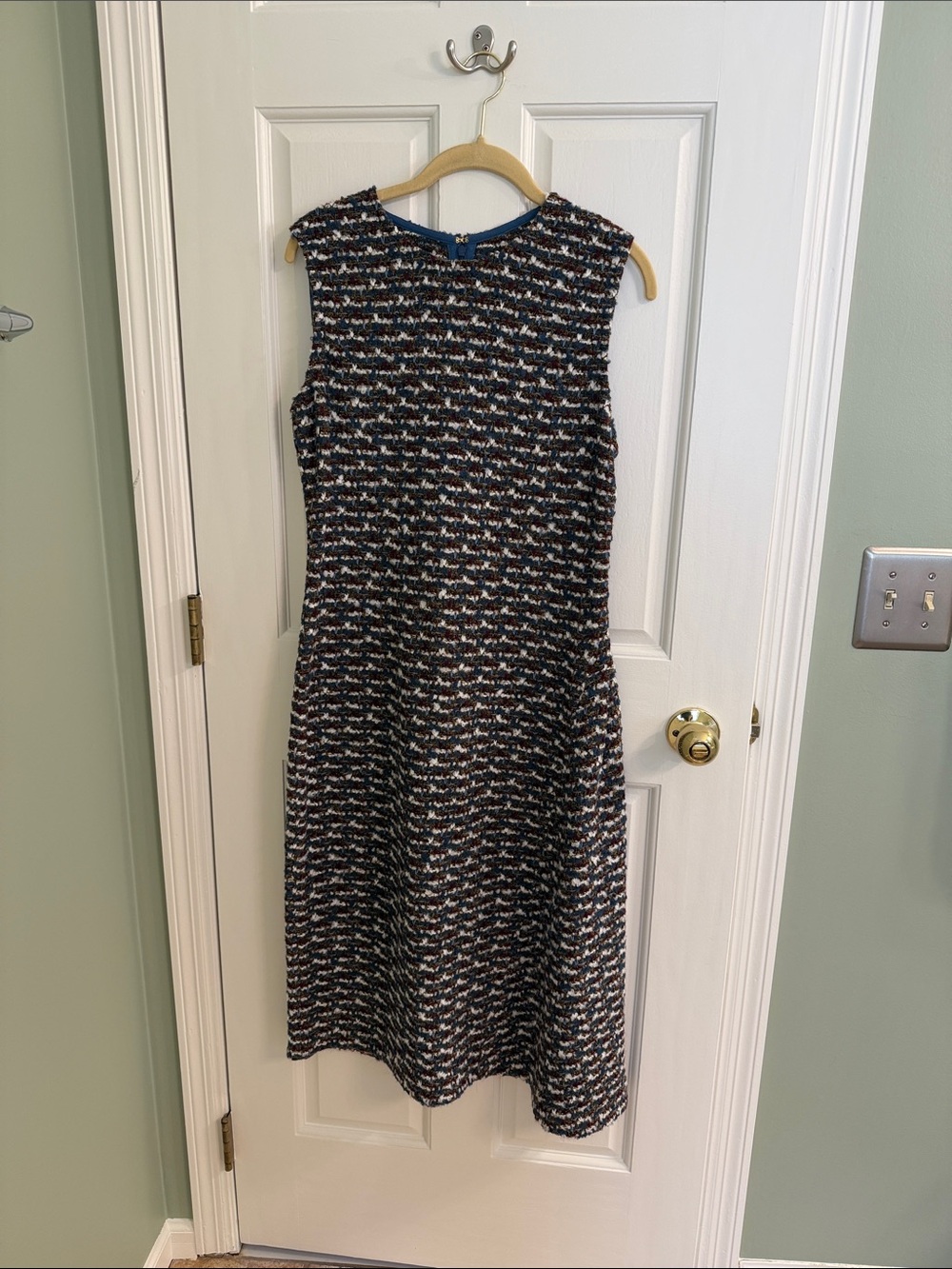 St. John Collection Blue, Brown, cranberry and White Tweed A-Line Dress.